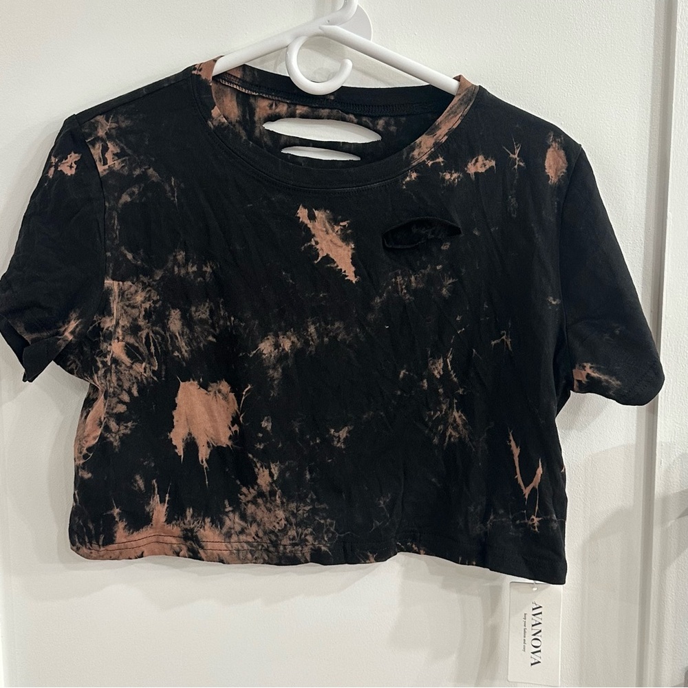 Avanova Black Acid Wash Distressed Crop Top Cutout Back S NWT